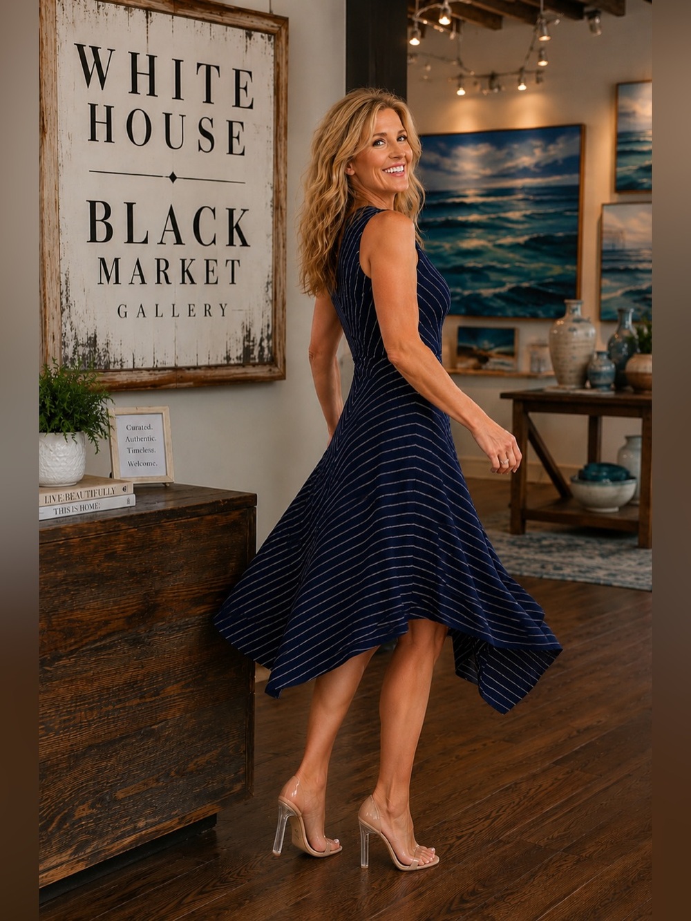 WHITE HOUSE BLACK MARKET Navy Pinstripe Asymmetrical Short to Midi Dress Size 00